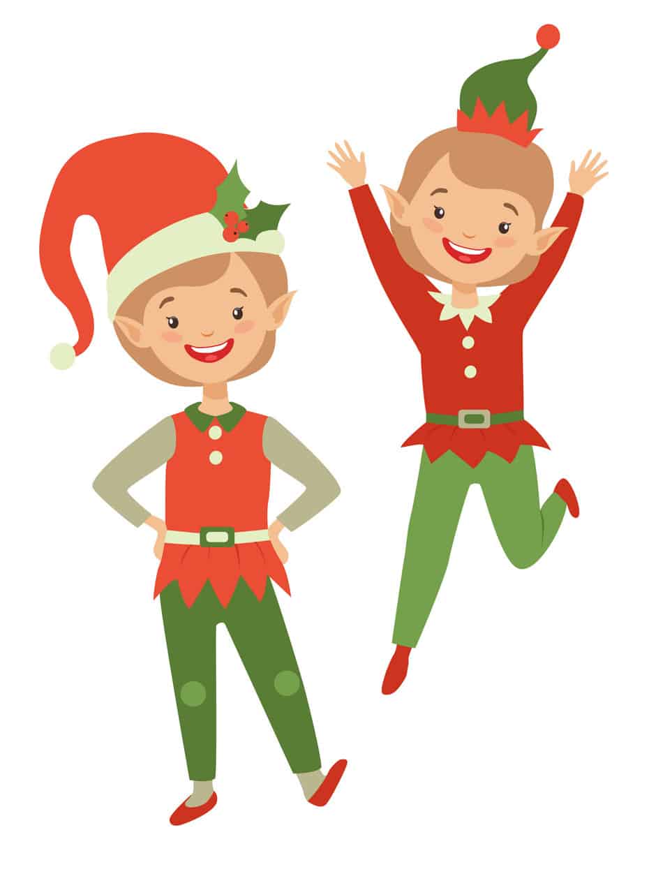 Kaksi piirrostonttua tanssii valkoisella taustalla.